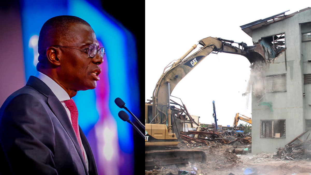 L-R: Governor Babajide Sanwo-Olu and a bulldozer bringing down a building. [Facebook/Getty Images]